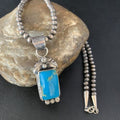 Men's Blue Kingman Turquoise Necklace Pendant | Sterling Silver Navajo Pearls | 13762