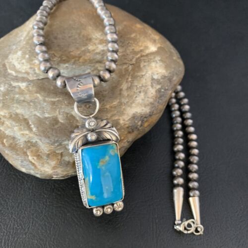 Men's Blue Kingman Turquoise Necklace Pendant | Sterling Silver Navajo Pearls | 13762