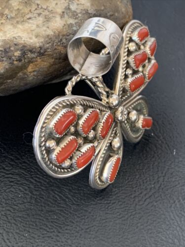 Navajo Red Coral Butterfly Pendant | Authentic Native American Sterling Silver | Multi-Stone | 1.5" | 1998