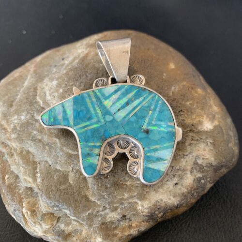Navajo Blue Turquoise Opal Inlay Pendant | Sterling Silver | Authentic Native American Handmade | 12603