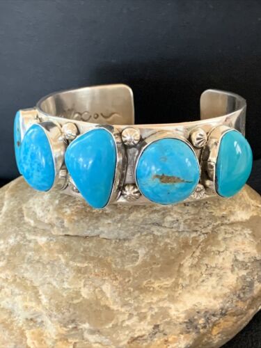 Navajo Kingman Turquoise Row Cuff Bracelet | Sterling Silver | Authentic Native American Handmade | 1410