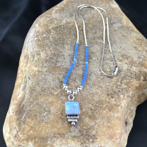 Children's Lapis Beads Sterling Heishi Necklace | Opal Pendant | 15" Chain | 10130