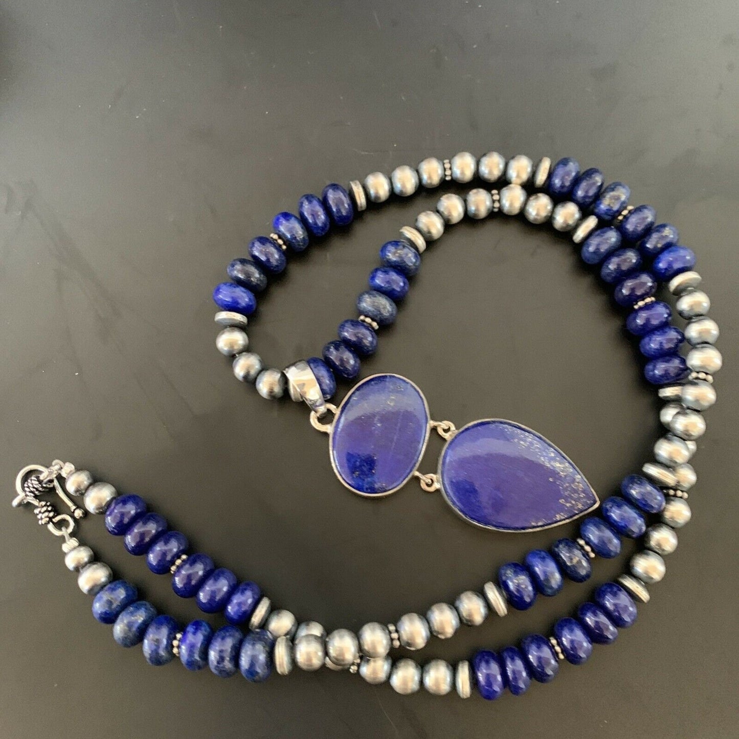 Navajo Sterling Silver Beads Necklace with Lapis Lazuli Pendant | 8mm | Authentic Native American Handmade | 11364