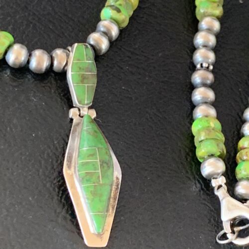Navajo Green Gaspeite Turquoise Inlay Pendant | Sterling Silver | Authentic Native American Handmade | 13267