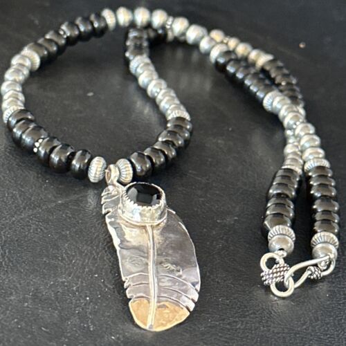 Navajo Pearls Black Onyx Necklace Pendant | Sterling Silver | Authentic Native American Handmade | 14626