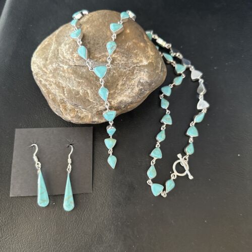 Navajo Kingman Turquoise Lariat Necklace & Earrings Set | Sterling Silver | 24" Necklace | Authentic Native American Handmade | 14646