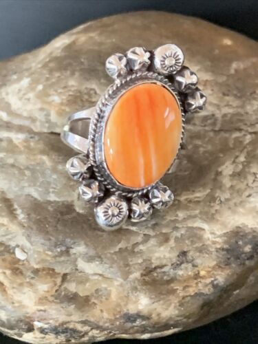 Navajo Orange Spiny Oyster Ring | Sterling Silver | Sz 9.5 | Authentic Native American Handmade | 13282