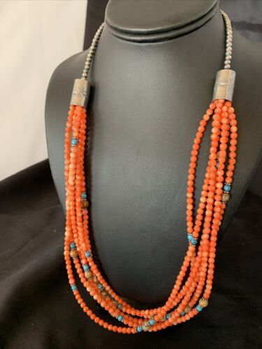 Navajo Pink Coral 5-Strand Turquoise Bead Necklace | Sterling Silver | 25" | Authentic Native American Handmade | 12510