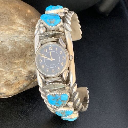 Navajo Sterling Silver Watch Cuff Bracelet | Blue Kingman Turquoise | Authentic Native American Jewelry | 13711