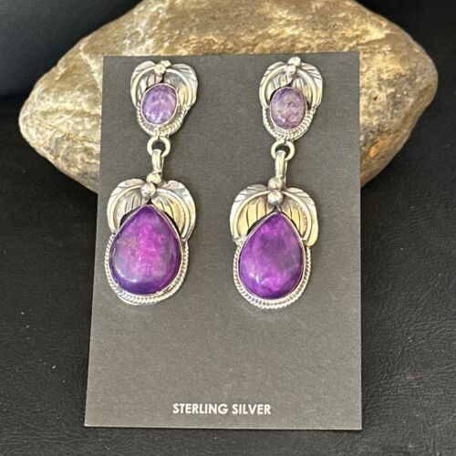 Navajo Purple Sugilite Dangle Earrings | Sterling Silver | 2" | Authentic Native American Handmade | 14403