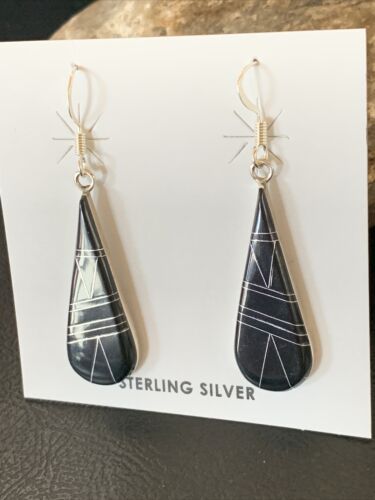 Navajo Black Onyx Inlay Dangle Drop Earrings | Sterling Silver | 1.5" | 12312