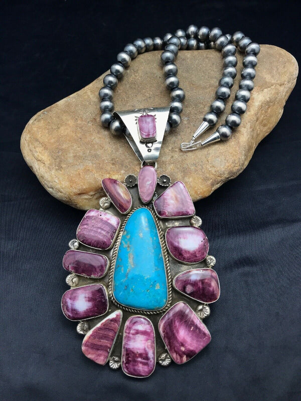 Navajo Spiny Turquoise Cluster Pendant Necklace | Sterling Silver | 6" | Authentic Native American Handmade | 1062