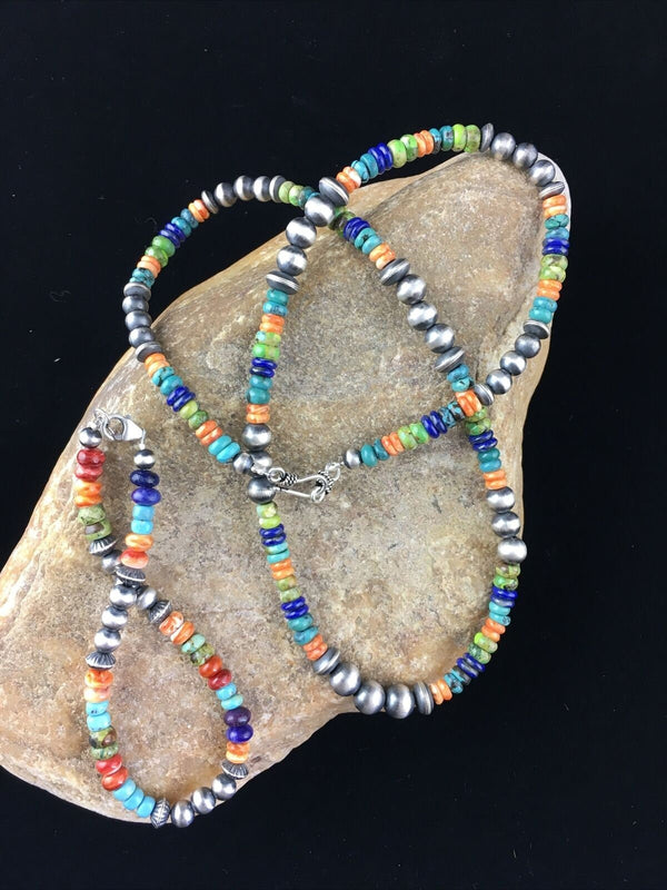 Native American Multi-Color Turquoise Necklace & Bracelet Set | Sterling Silver | 22" | Navajo Handmade | 10039