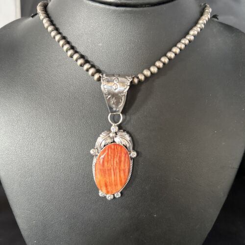 Navajo Pearls Red Spiny Oyster Necklace Pendant | Sterling Silver | Authentic Native American Handmade | 14724