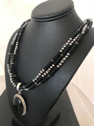 Navajo Pearls Black Onyx Pendant Necklace | Sterling Silver | 3 Strand| 23" | 8143