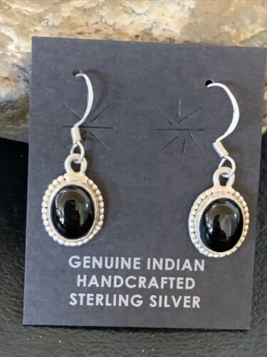 Native American Navajo Black Onyx Drop Earrings | Sterling Silver Dangle | 0.5" | 12647