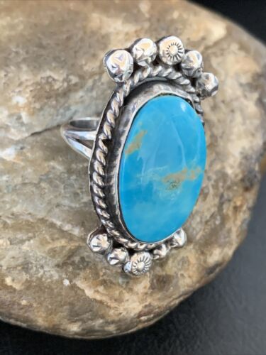 Navajo Blue Kingman Turquoise Ring | Sterling Silver | Sz 7.5 | Authentic Native American Handmade | 13382