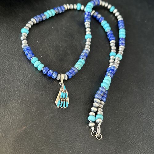 Zuni Blue Turquoise Lapis Multi-Stone Necklace Pendant | Authentic Native American Sterling Silver | 14639