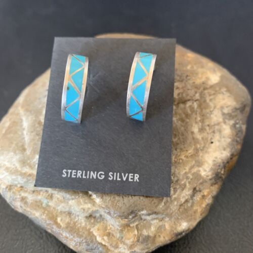 Zuni Blue Turquoise Inlay Hoop Earrings | Sterling Silver | 0.50" | 12755