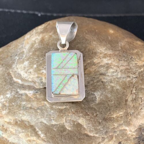Navajo Sterling Silver White Pink Faux Opal Inlay Pendant | 1.5" | Authentic Native American Handmade | 13555 - Masha USA