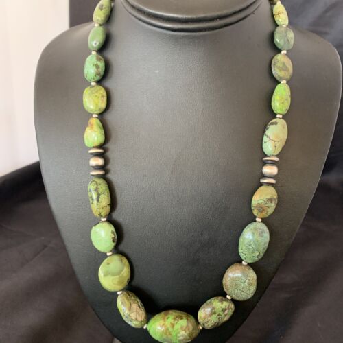 Navajo Sterling Silver Graduated Green Nugget Turquoise Necklace | Authentic Native American | 21" | 10725