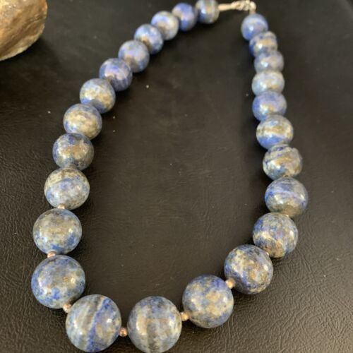 Native American Women's Blue Denim Lapis Beads Necklace | 16mm | Sterling Silver | 19" | 13969