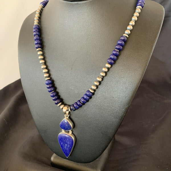 Navajo Sterling Silver Beads Necklace with Lapis Lazuli Pendant | 8mm | Authentic Native American Handmade | 11365