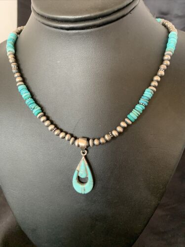 Navajo Pearl Necklace with Blue Turquoise Inlay Pendant | Sterling Silver | Authentic Native American Handmade | 12501