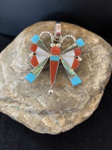 Zuni Turquoise Coral Mother of Pearl Butterfly Necklace Pin Pendant | Sterling Silver Inlay | 1368