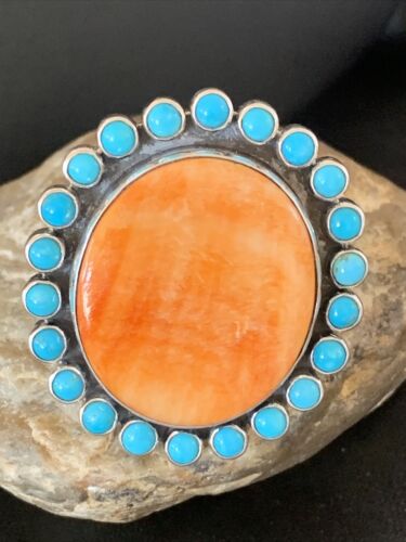Navajo Blue Turquoise & Spiny Oyster Cluster Ring | Authentic Native American Sterling Silver | Multi-Stone | Sz 9-12 | 10628