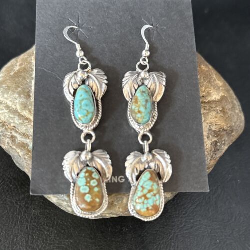 Navajo Blue #8 Turquoise Dangle Earrings | Sterling Silver | Authentic Native American Handmade | 14343