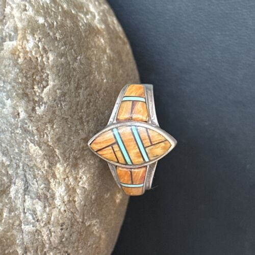 Navajo Blue Turquoise Spiny Oyster Inlay Ring | Sz 8.5 | Authentic Native American Handmade | 14558