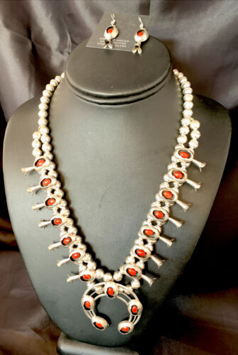 Navajo Coral Squash Blossom Necklace & Earrings Set | Sterling Silver | Authentic Native American Handmade | 13361