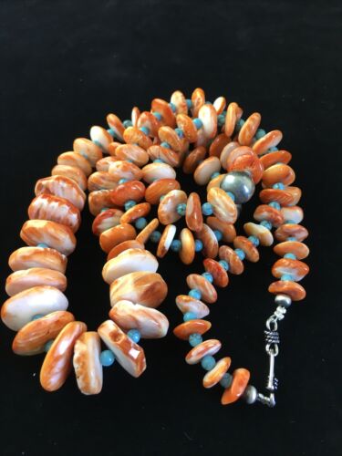 Navajo Orange Spiny Oyster & Turquoise Graduated Necklace | Sterling Silver | Authentic Native American | 30" | 1771