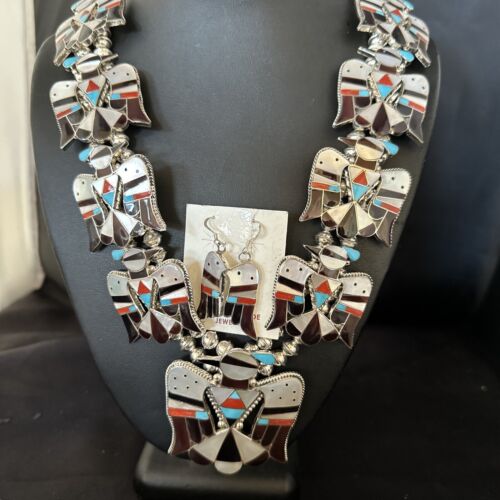 Zuni Thunderbird Turquoise Mother of Pearl Sterling Squash Blossom Necklace | Native American | 14442