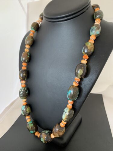 Navajo Green Turquoise & Orange Spiny Oyster Necklace | Sterling Silver | 23" | Authentic Native American Handmade | 1846