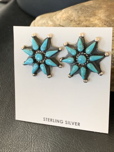 Navajo Blue Cluster Turquoise Stud Earrings | Sterling Silver | Authentic Native American Handmade | 12303