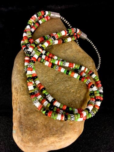 Native American Turquoise & Spiny Oyster Necklace | Sterling Silver | Multi-Strand | 8745