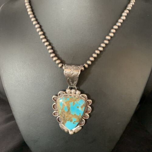 Men's Kingman Blue Turquoise Necklace | Sterling Silver | 3" Pendant | Authentic Native American Handmade | 13995