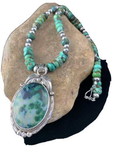 Men's Navajo Turquoise Necklace with Moss Agate Pendant | Sterling Silver | Authentic Native American Handmade | 1626