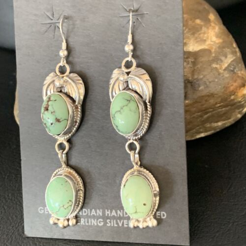 Navajo Green Spiderweb Turquoise Dangle Earrings | Sterling Silver | Authentic Native American Handmade | 13547