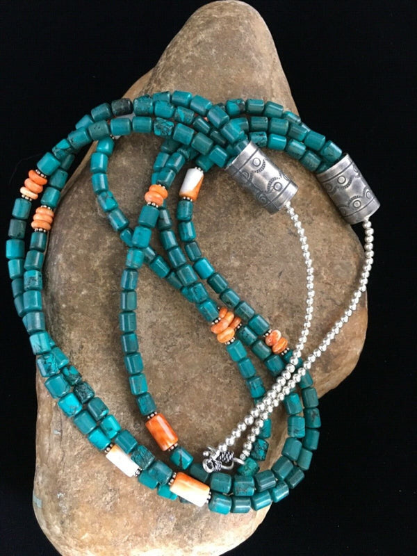 Navajo Sterling Silver Blue Spiderweb Turquoise Spiny Necklace | 3-Strand | 24" | 1774