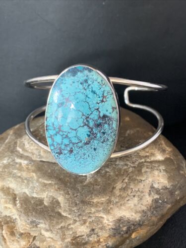 Women's Sterling Silver Blue Kingman Turquoise Cuff Bracelet | Authentic Native American Handmade | 14066