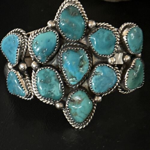 Men's Sterling Silver Cuff Bracelet | Blue Kingman Turquoise Cluster | Authentic Native American Handmade | 14596