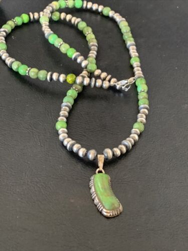 Navajo Green Gaspeite Turquoise Pendant | Sterling Silver Inlay | Authentic Native American Handmade | 12342