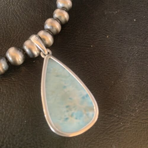 Navajo Men's Blue Larimar Pendant | 10mm | Sterling Silver | Natural Necklace | Authentic Native American | 14001