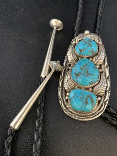 Ultra Rare Navajo Men's Bolo Tie | Blue Kingman Turquoise | Sterling Silver | Authentic Native American Handmade | 13667