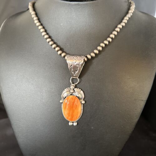 Navajo Orange Spiny Oyster Pendant Necklace | Sterling Silver | Authentic Native American Handmade | 14685