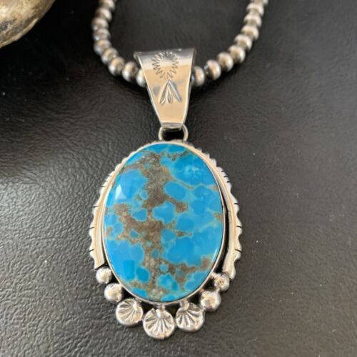 Navajo Pearls Blue Kingman Turquoise Necklace Pendant | Sterling Silver | Authentic Native American Handmade | 10765