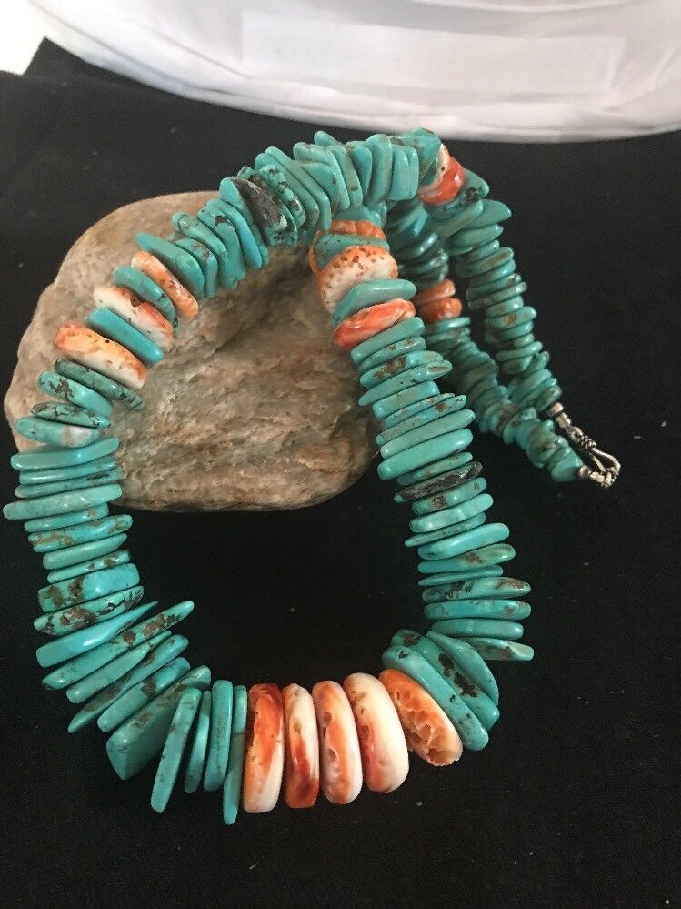 Turquoise & Spiny Oyster Nugget Necklace | Navajo Sterling Silver | Authentic Native American | 21" | 3325